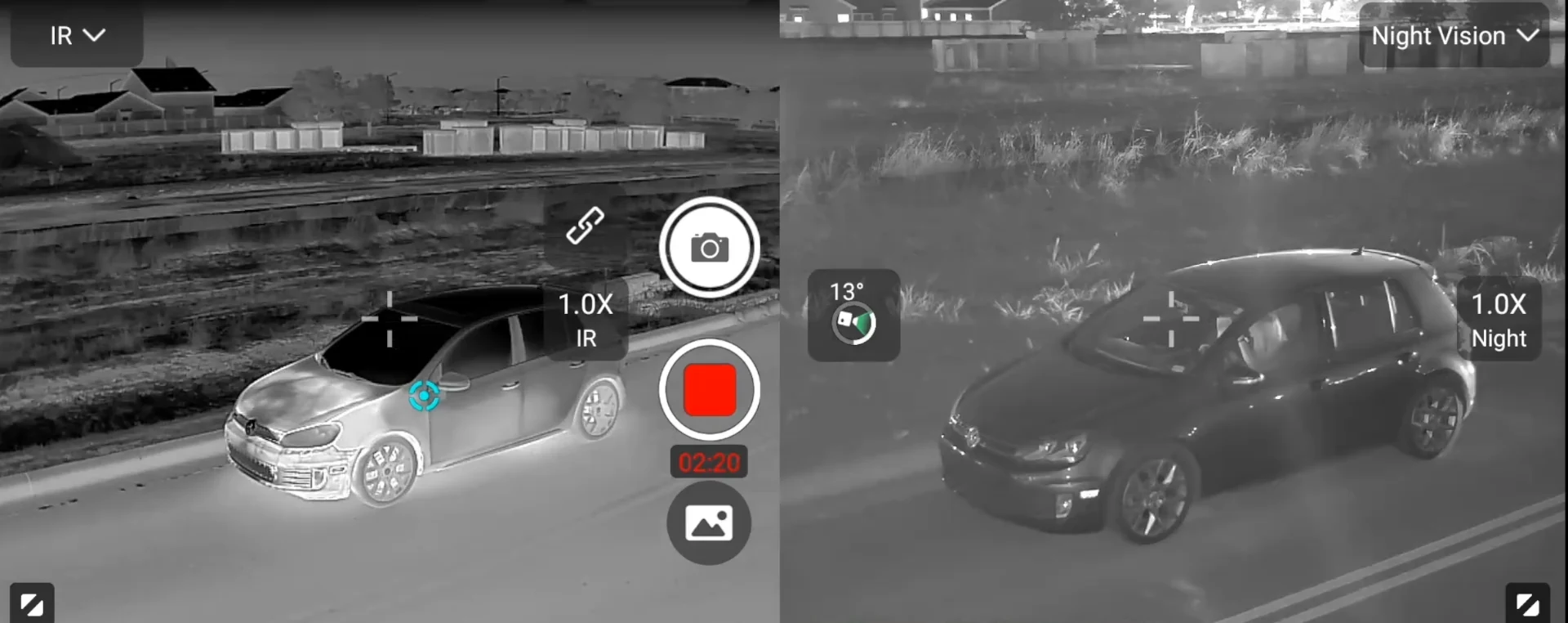 Livebild des EVO Max 4N V2: links das Wärmebild eines Autos, rechts dasselbe Fahrzeug in der Nachtsicht