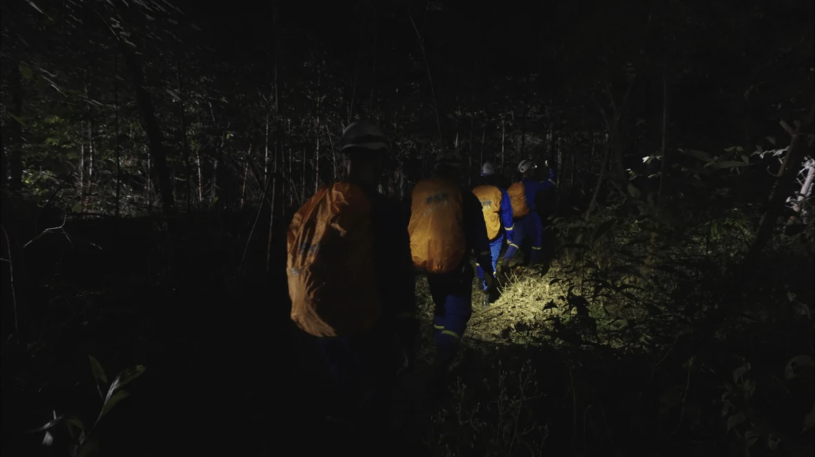 Suche im Wald bei Nacht mit ausgeleuchtetem Fundort